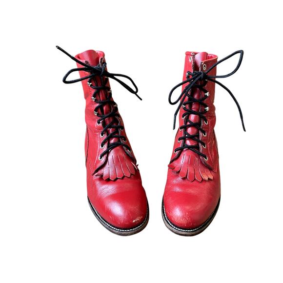 VNTG Justin Roper Women's Cherry Red Leather Fringe Lace Up Western Boots 6.5B - Picture 2 of 14